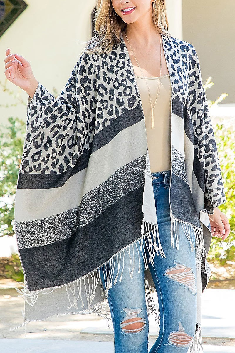 Stripe leopard fringe kimono wrap (DGS5833)