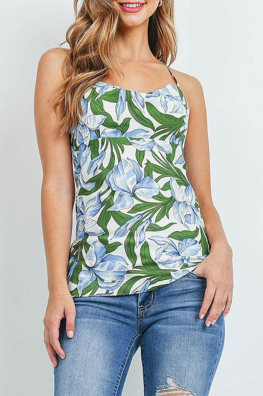 Floral print crisscrossed back cami top (ED9951-MR2B)