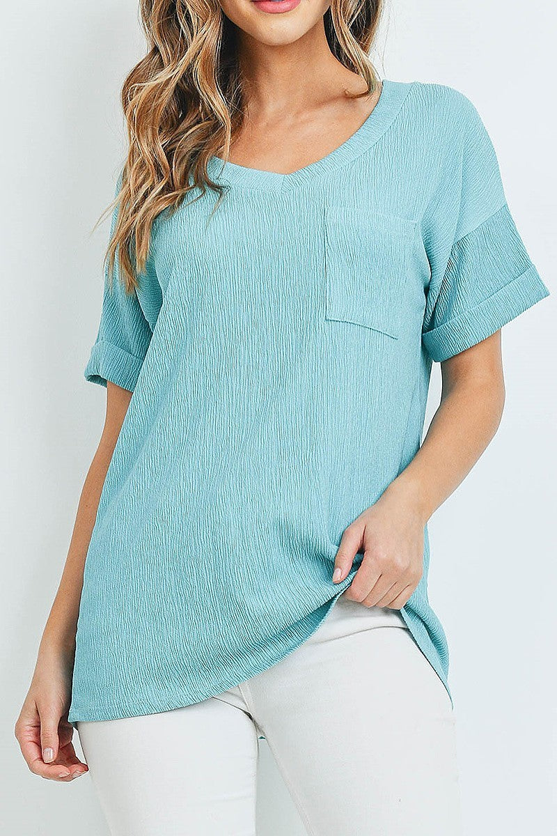 Solid v neck pocket blouse top (ED9559-4)