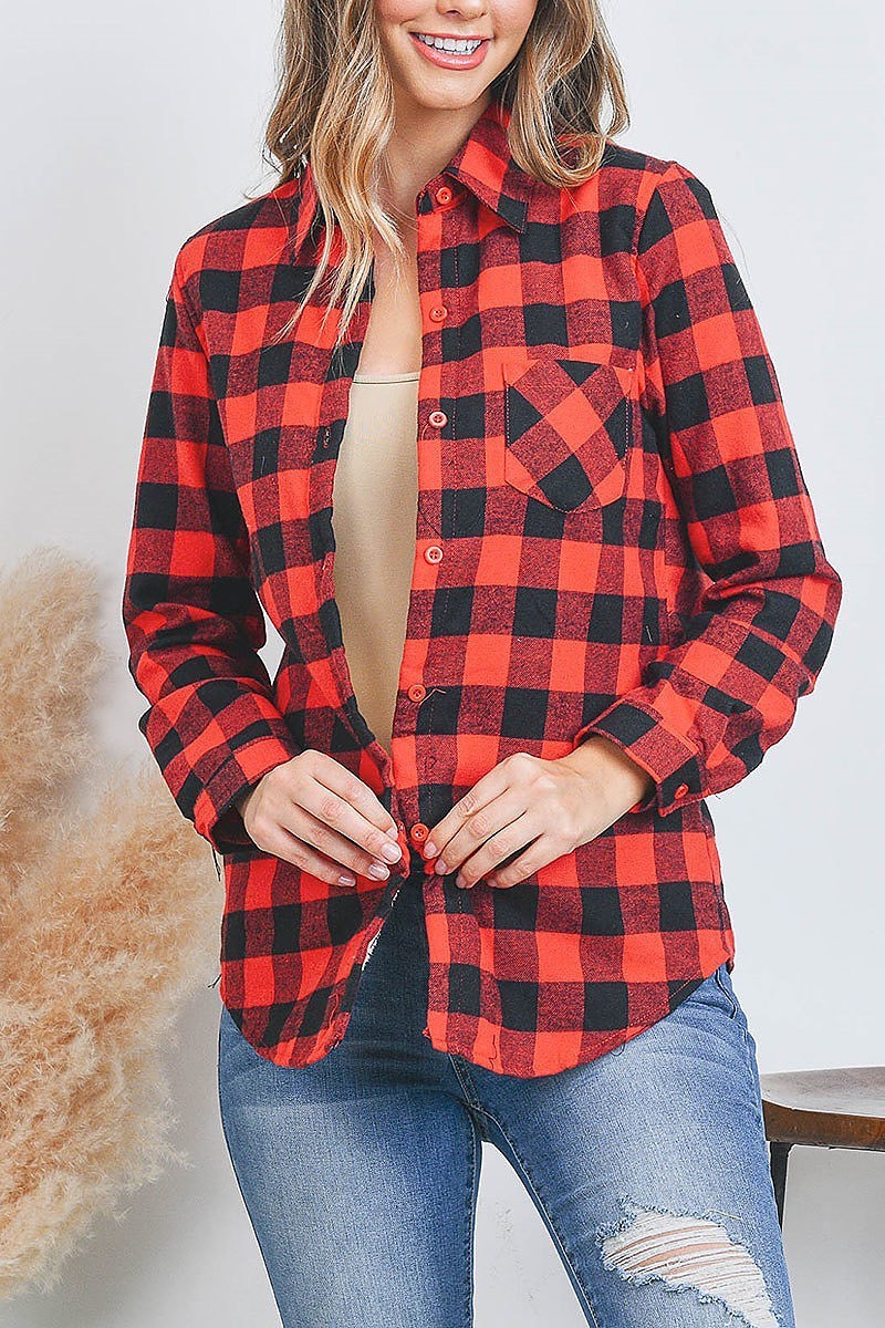 Sherpa fleece lined plaid flannel shirt top (EF2364)