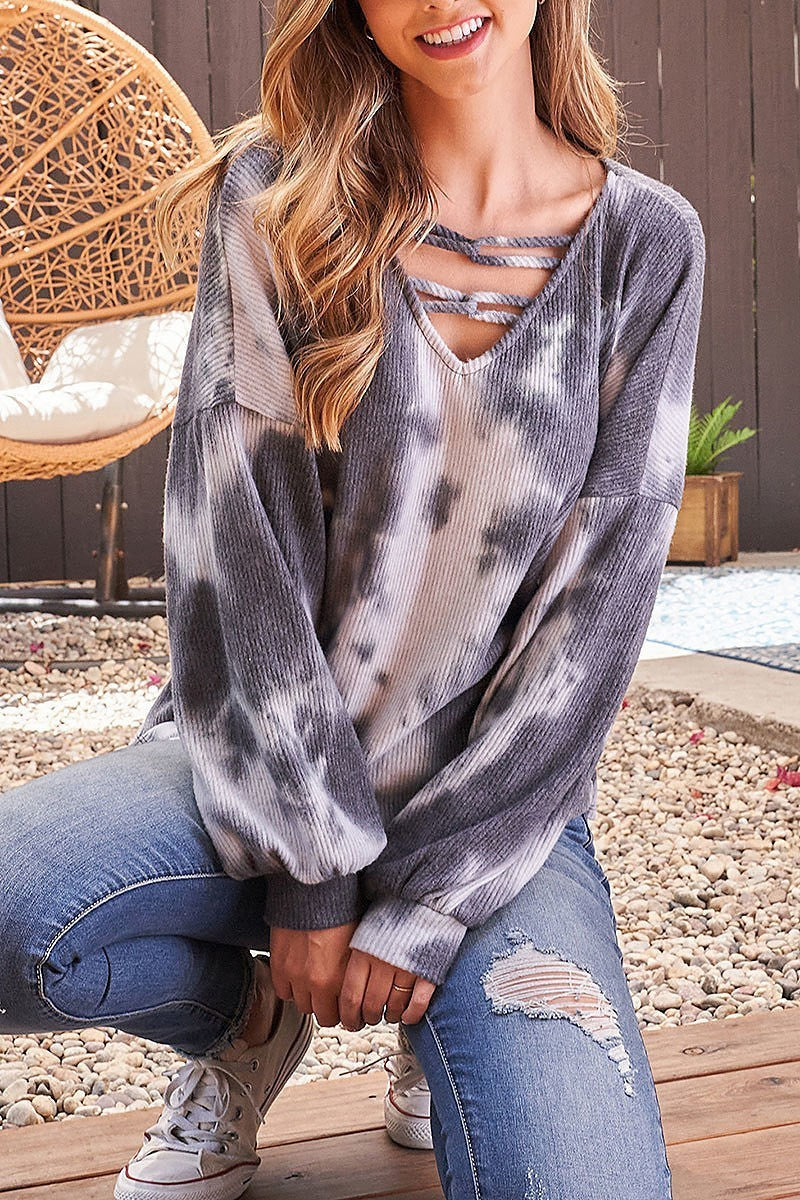 V neck chain strap long sleeve rib tie dye (EF2004)