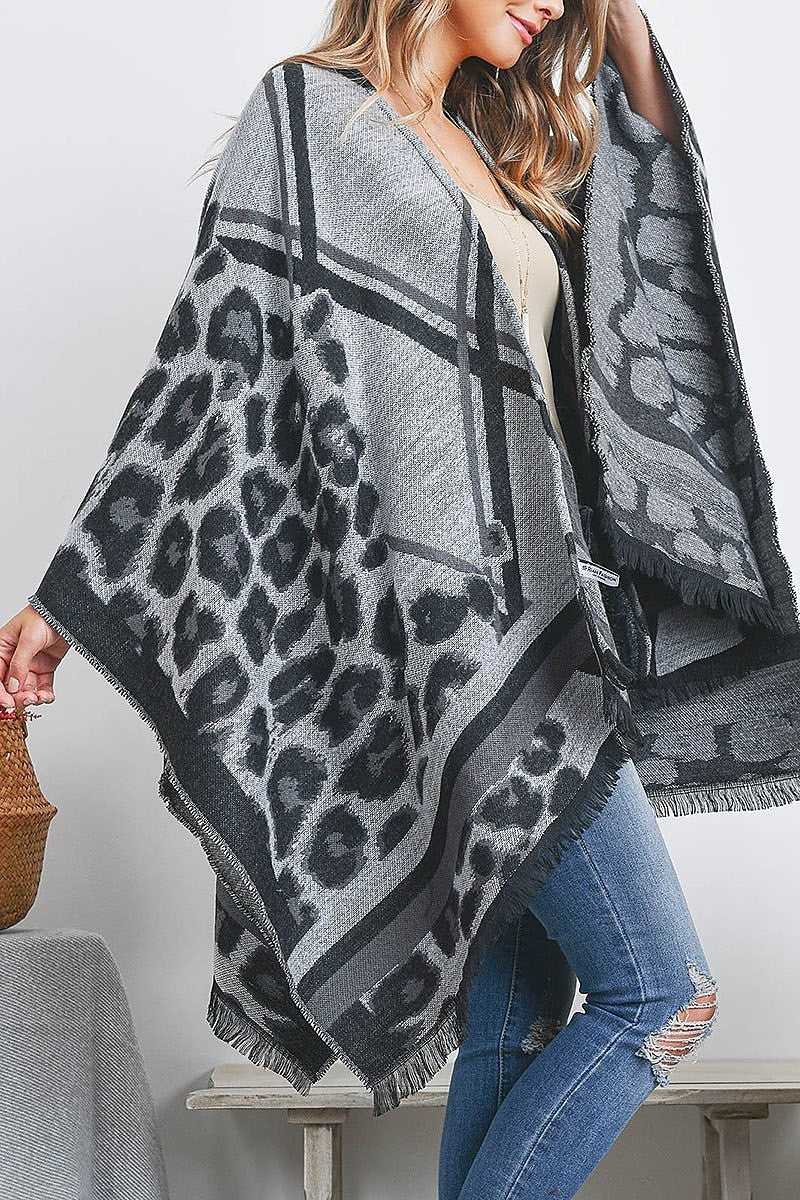 Open front leopard line pattern fringe ruana wrap kimono (DGS5517)