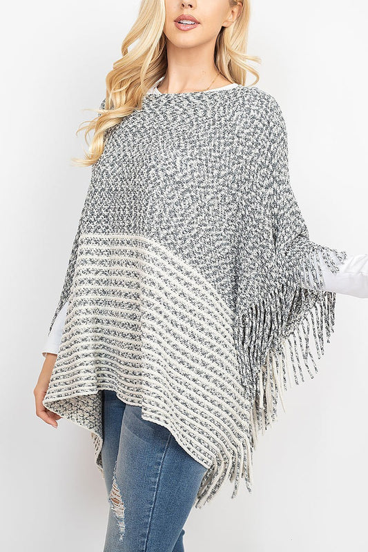 Knitted two tone striped fringe poncho (DGS5279-REST)