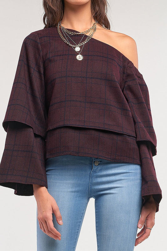 One shoulder bell sleeve plaid top (TDG7710)