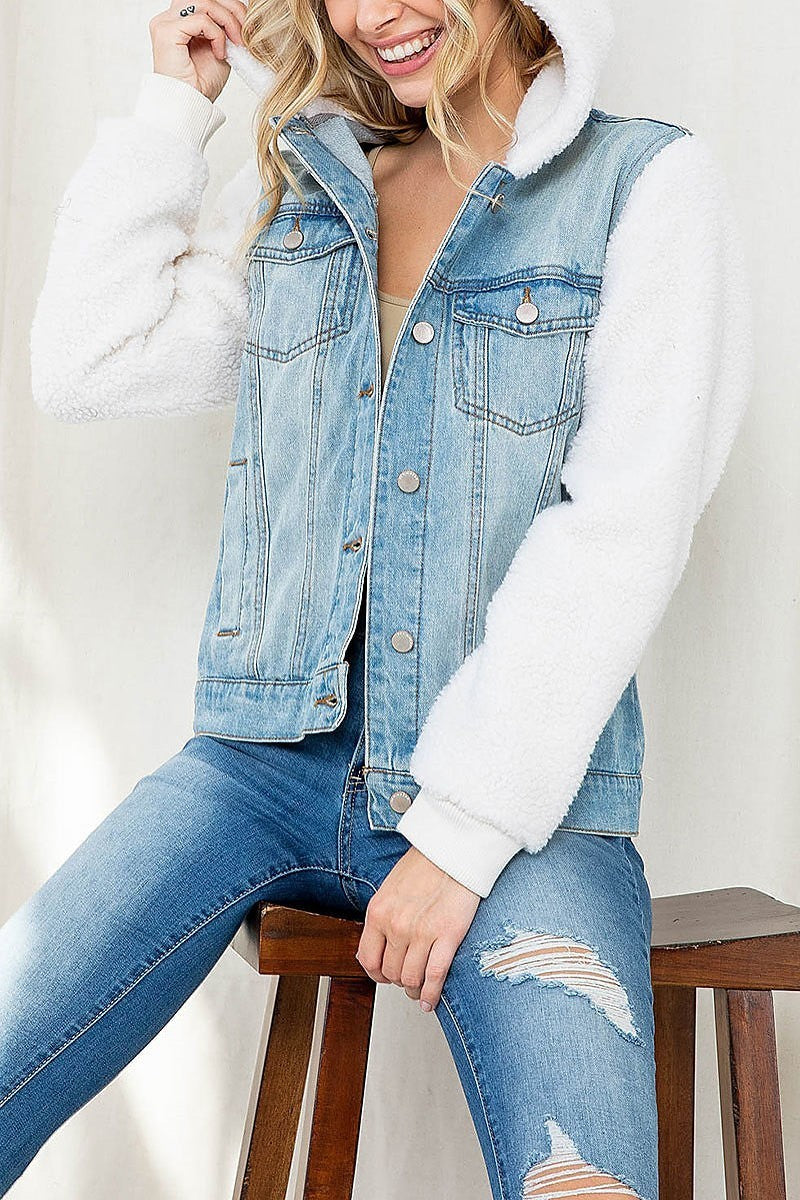 Faux fur contrast hoodie denim jacket (DGS5622)