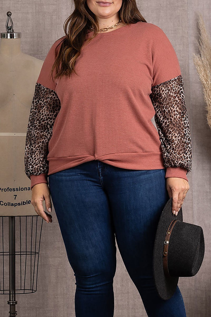 Animal print rib stitch contrast plus size top (EDSW3692)