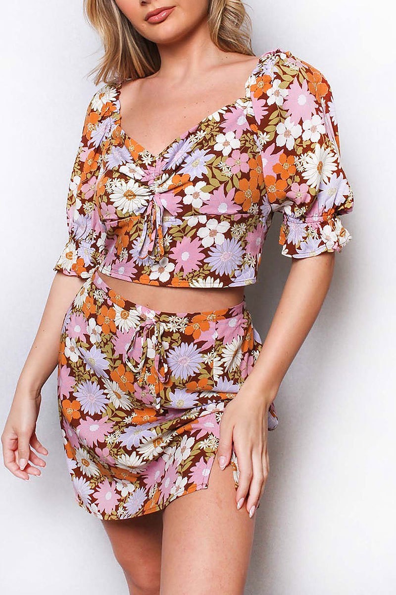 Short sleeve floral print crop top (SDG2987-TOP)