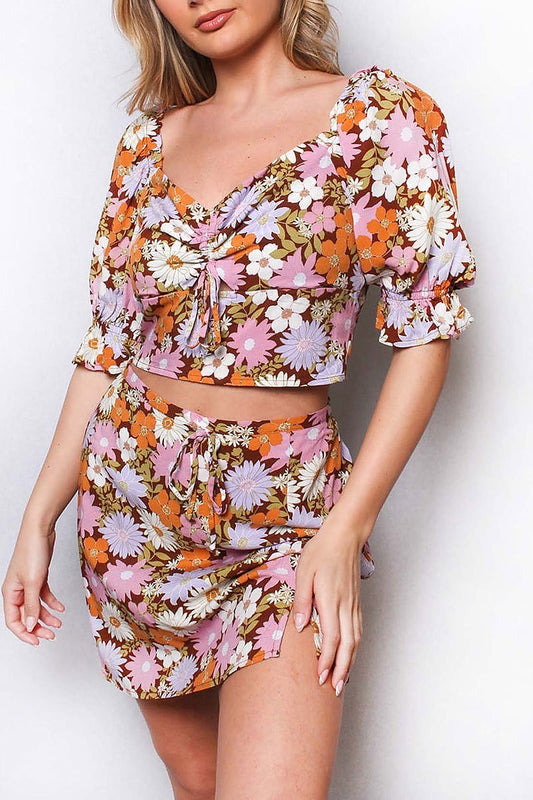 Short sleeve floral print crop top (SDG2987-TOP)