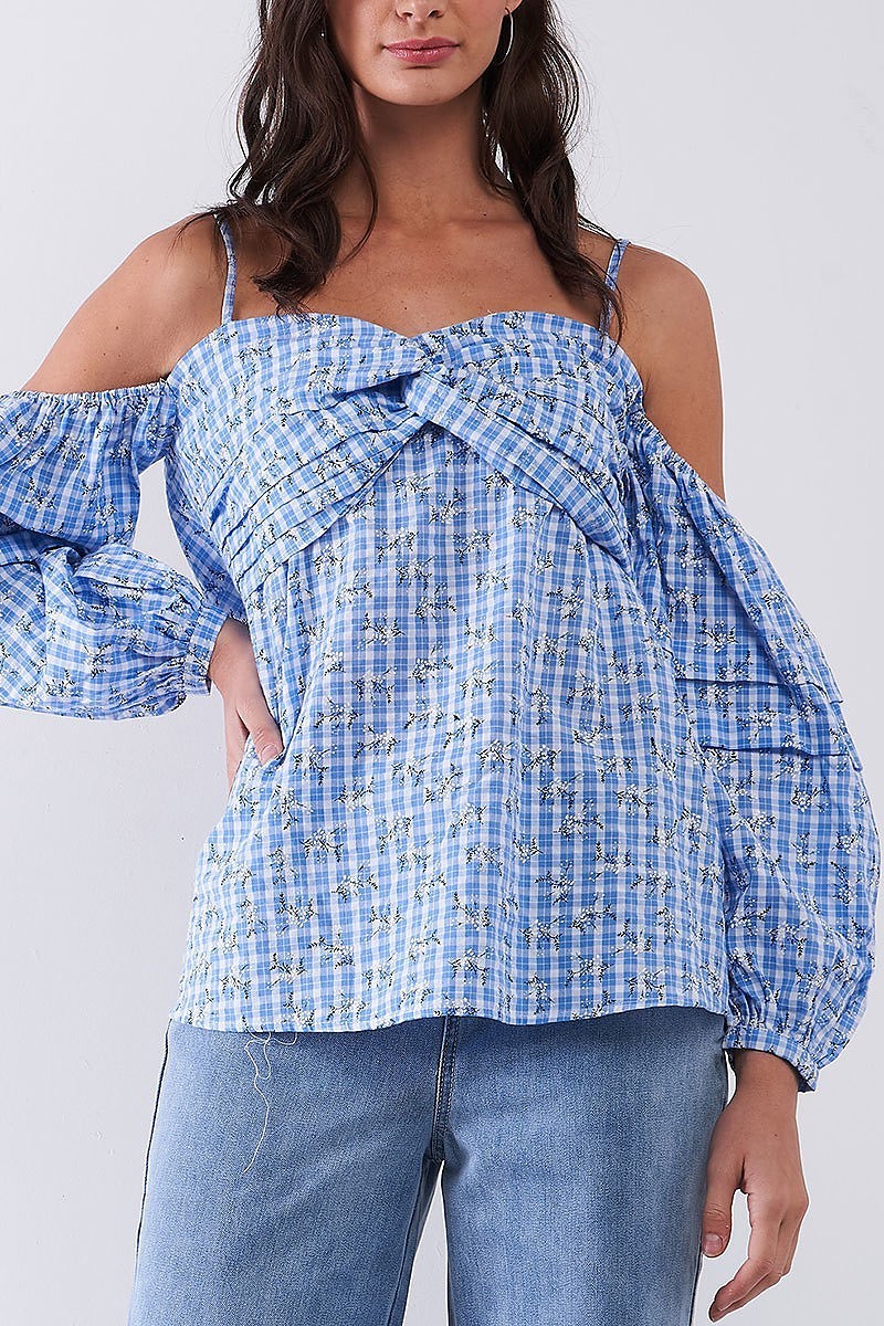 Off shoulder twist front bubble sleeve plaid floral top (TDG8128)