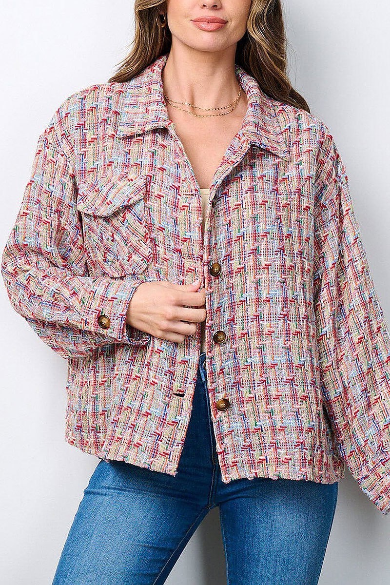 Long sleeve button closure multi tweed jacket (EFWT7155)