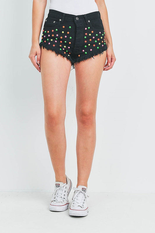 Multi color studded detail black denim shorts (DGB3108)