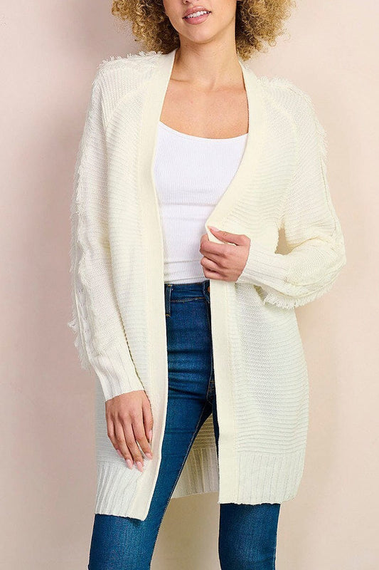 Long fringe sleeve open front ribbed cardigan (EFWT8553)