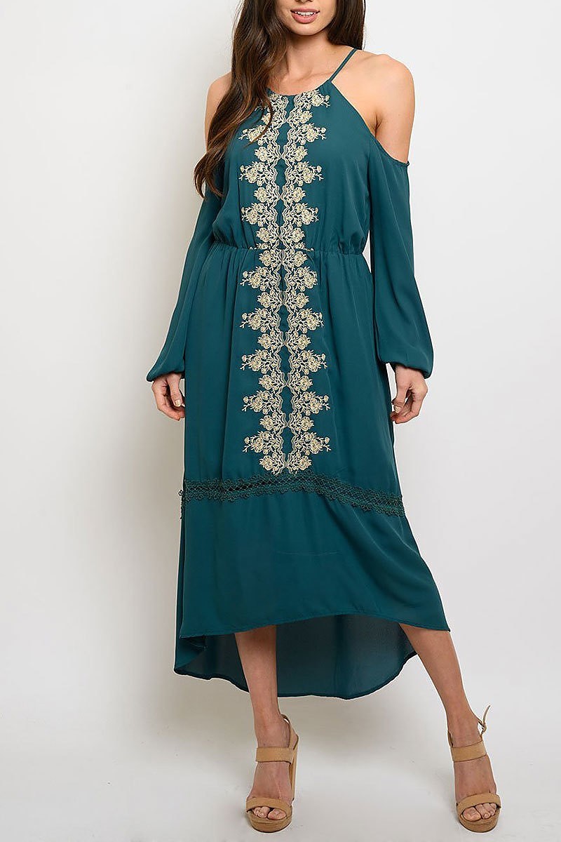 Embroidery detail cold shoulder midi dress (EDWT3757)