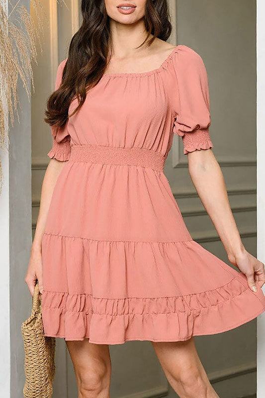 Short puff sleeve tiered smock mini dress (EDWT9113)