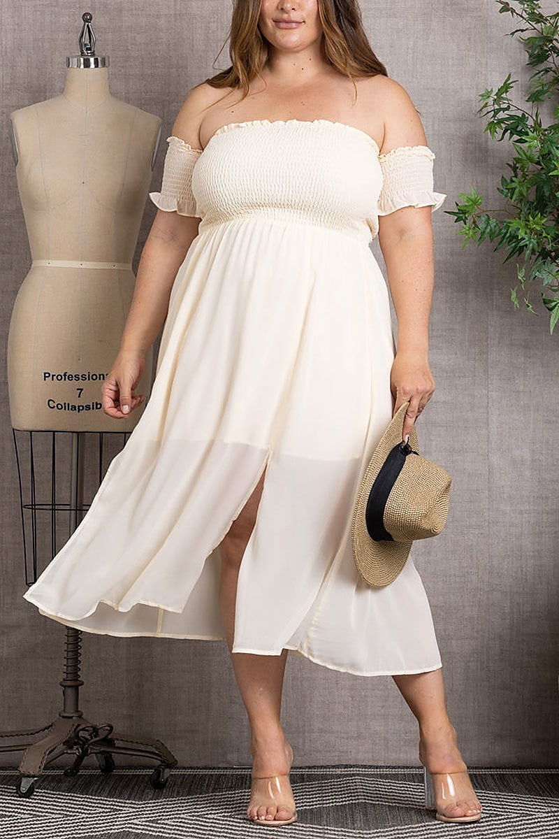 Bandeau off-shoulder chiffon plus size midi dress (EDSW3128)