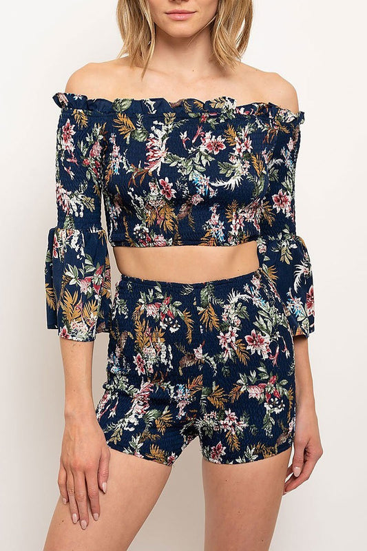 Smoked detail floral print top and shorts set (EDWT2374)