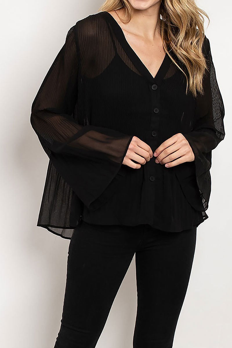 V neck pleated button front sheer top (ED7937)