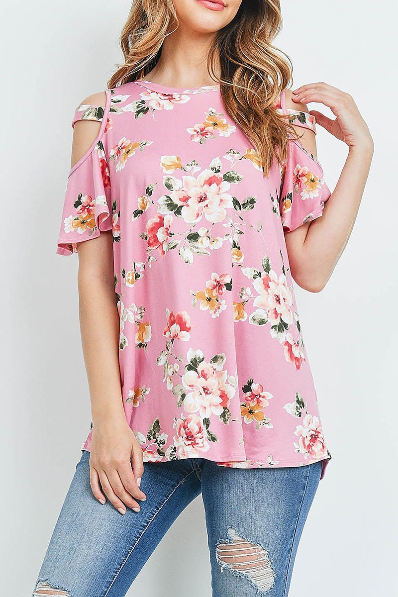 Floral print off shoulder flutter sleeve top (ED9164)