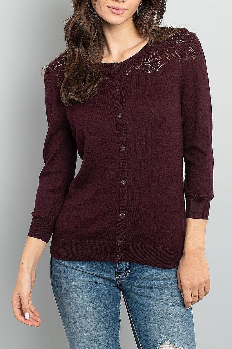 Crochet shoulder detail v neck button front sweater (DGS5078-LAST)