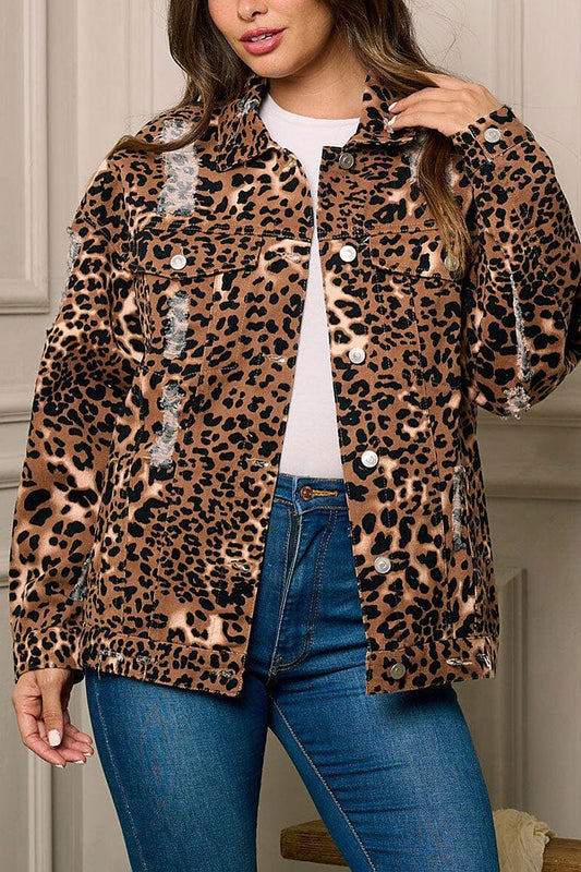 Button up animal print distress denim jacket (EFWT5853)