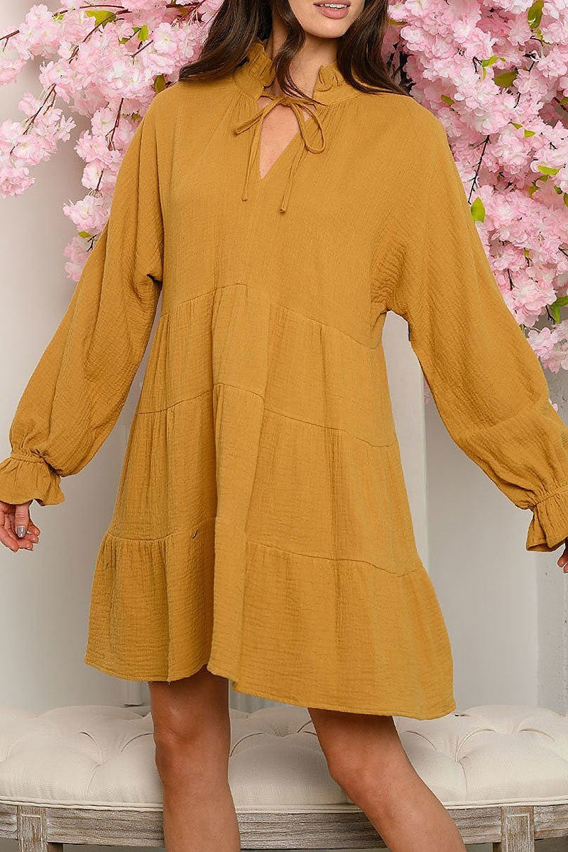 Long sleeve linen mini dress (EDWT4433)