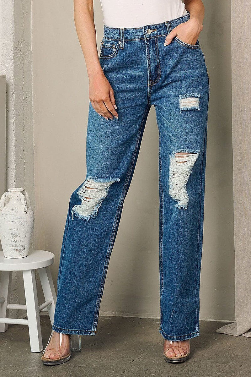 Button closure distressed denim jeans pants (EFWT2297)