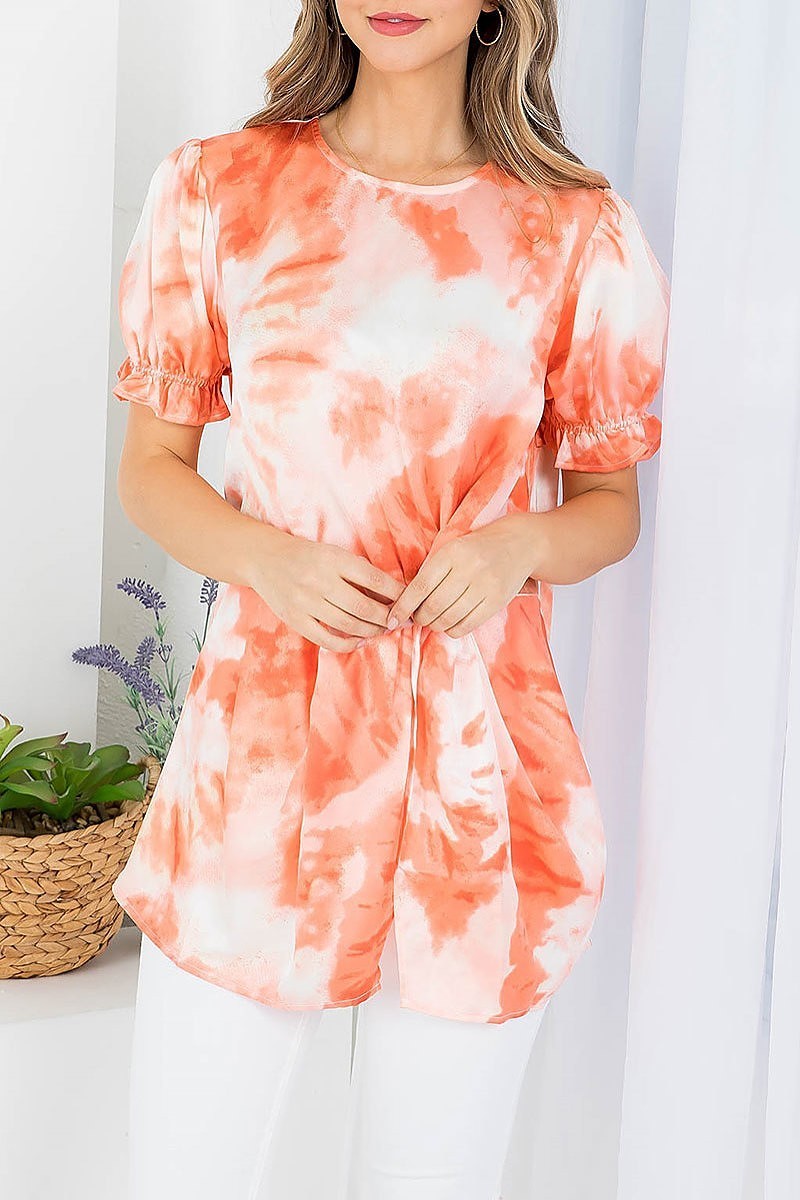 Tie dye round neckline puffed sleeve top (EF3786)