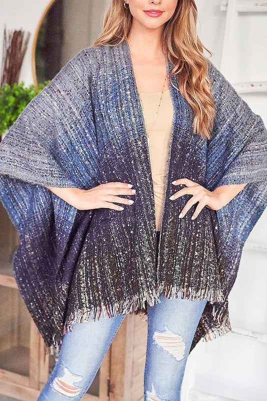 Fringe detail plaid poncho kimono (DGS5582)