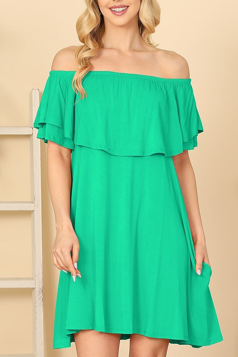 Ruffle off shoulder solid dress (DED9402)