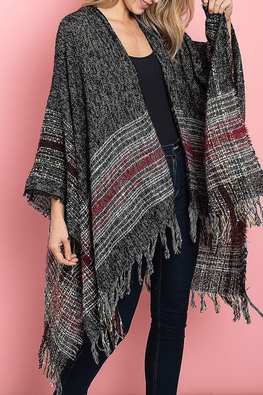 Fringe detail loose fit poncho sweater (DGS4917)