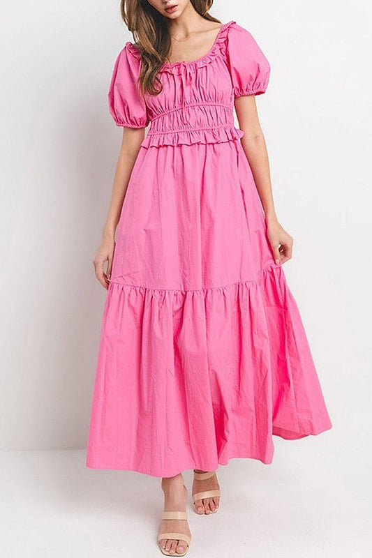 Short puff sleeve elastic waist tiered maxi dress (EGWT1405)