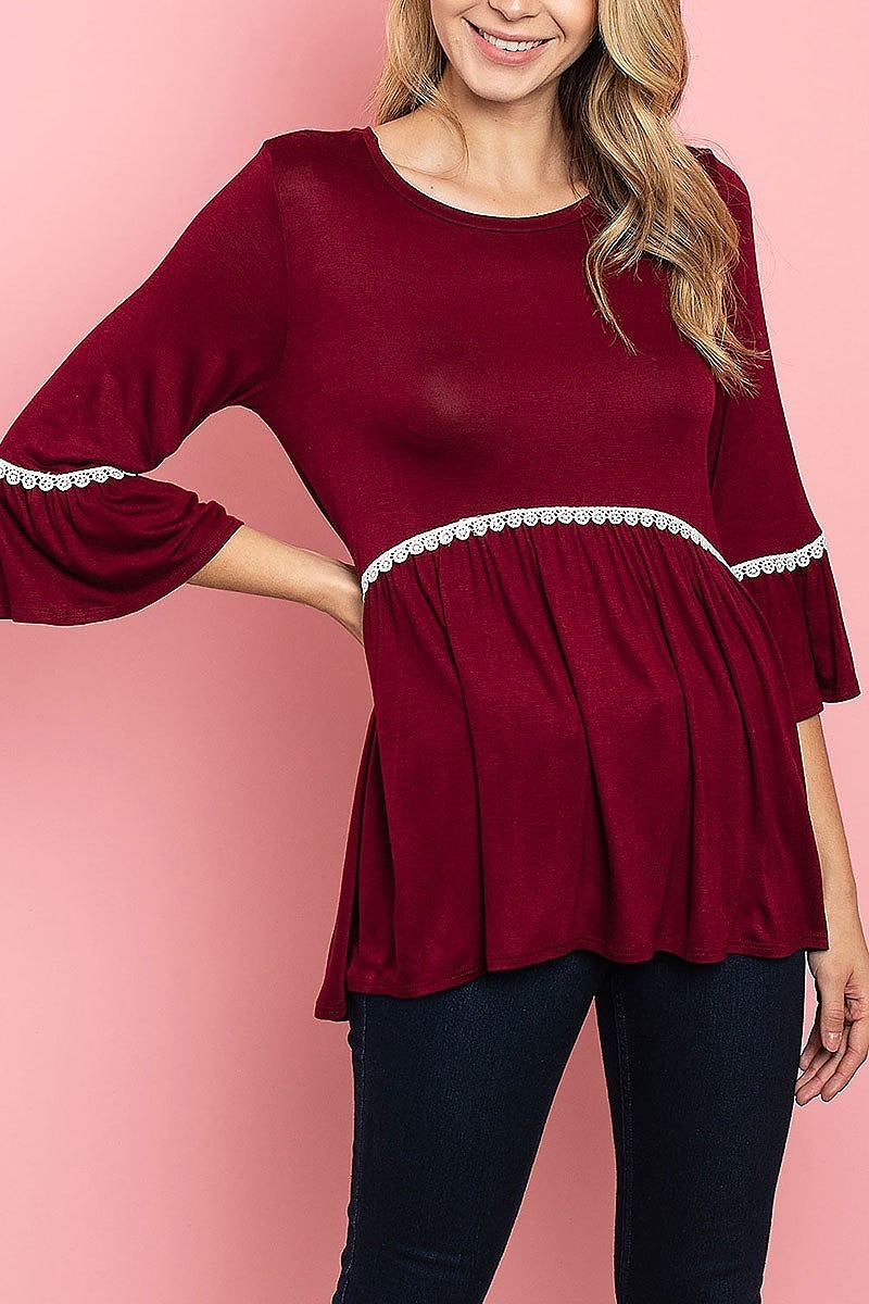 Lace trim bell sleeve round neck baby doll top (ED7908)