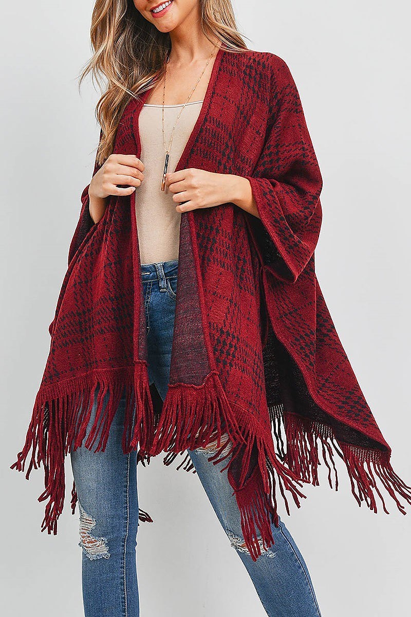 Buffalo plaid fringe open front kimono (DGS5339)