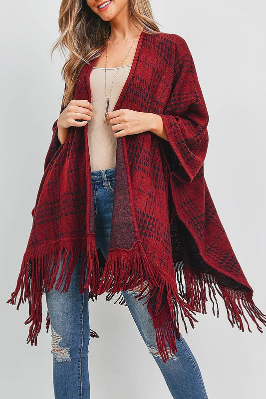 Buffalo plaid fringe open front kimono (DGS5339)