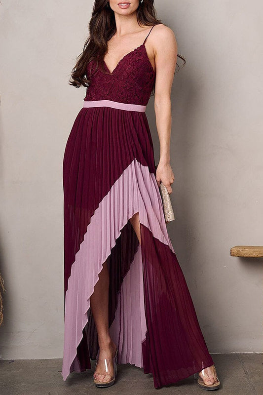 Sleeveless v-neck front slit pleated colorblock maxi dress (EFWT2278)