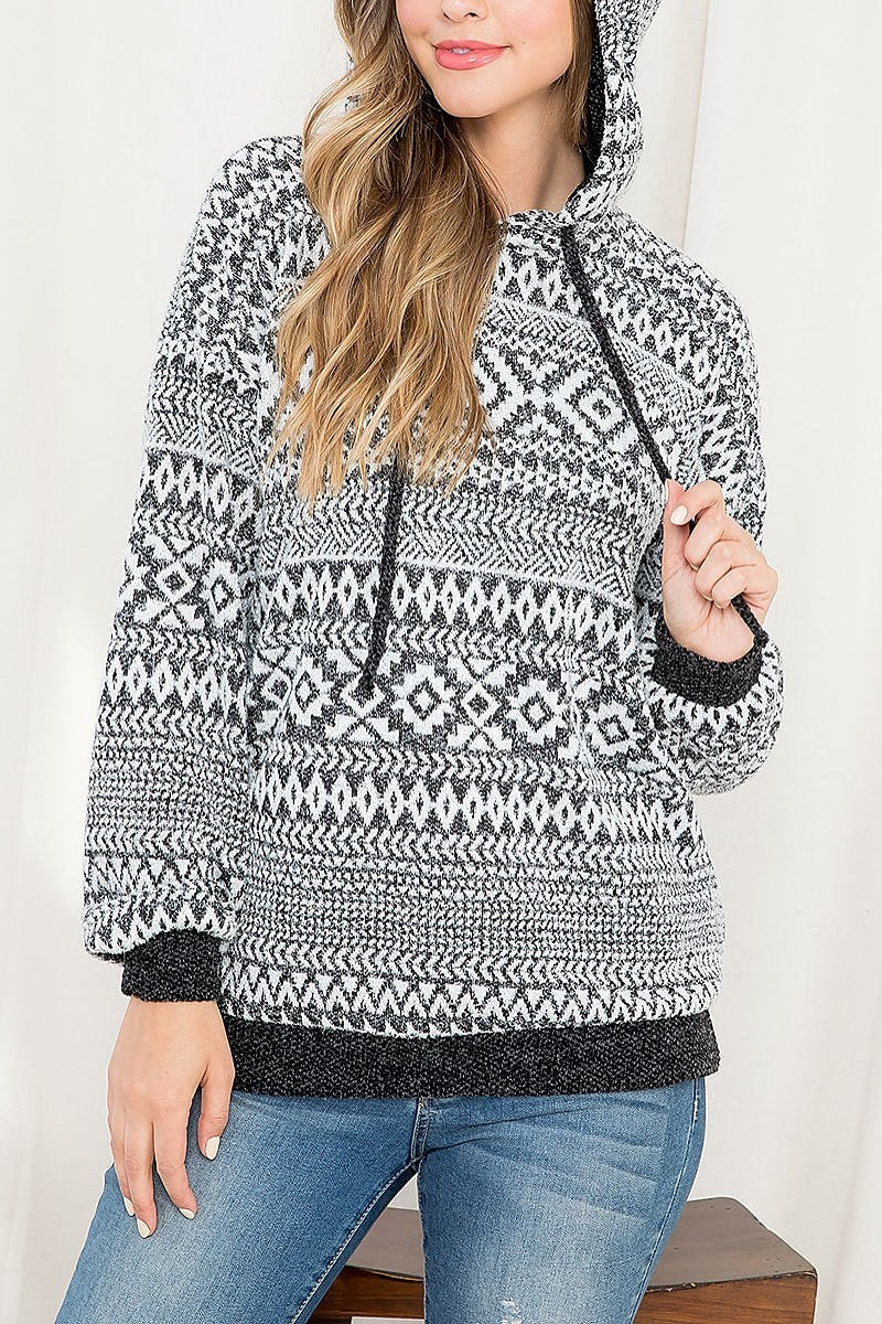 Aztec print long sleeve hacci brush hoodie (EF2823)