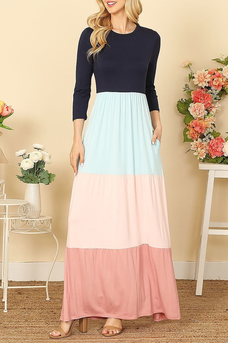 Quarter sleeve color block maxi dress (DED9453)