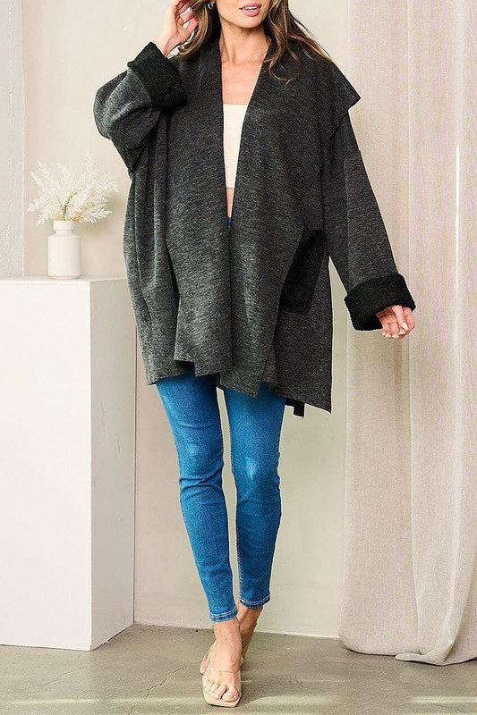 Long sleeves pockets open front cardigan (EFWT3851)