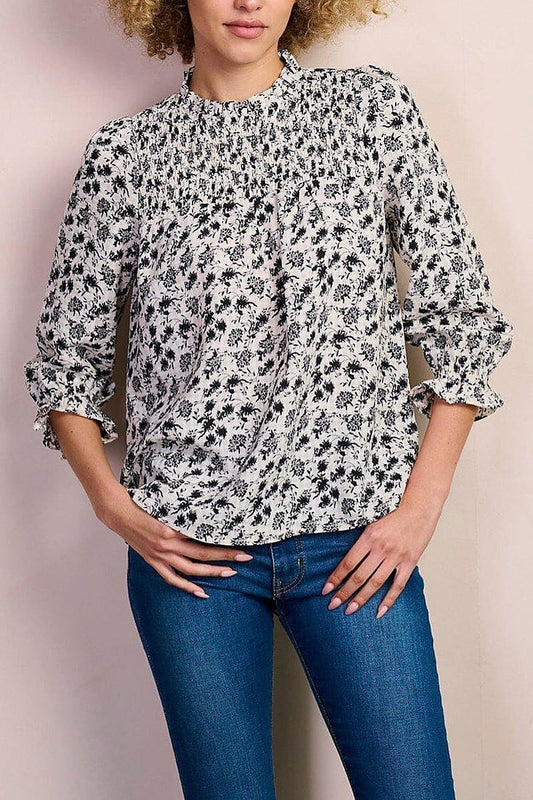 3/4 sleeve smock mock neck floral blouse top (EFWT8403)