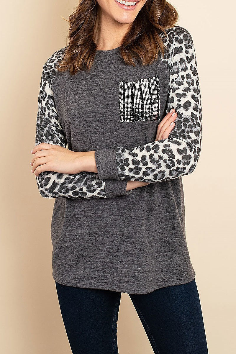 Animal print sleeve sequin pocket color block top (ED8013-2)