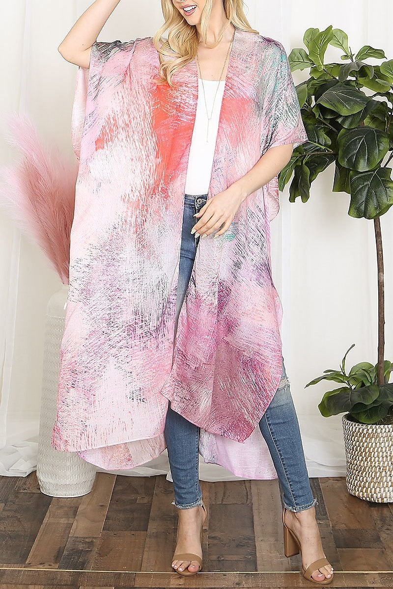 Tie dye multicolor splatter line print open front long kimono (EF5607)