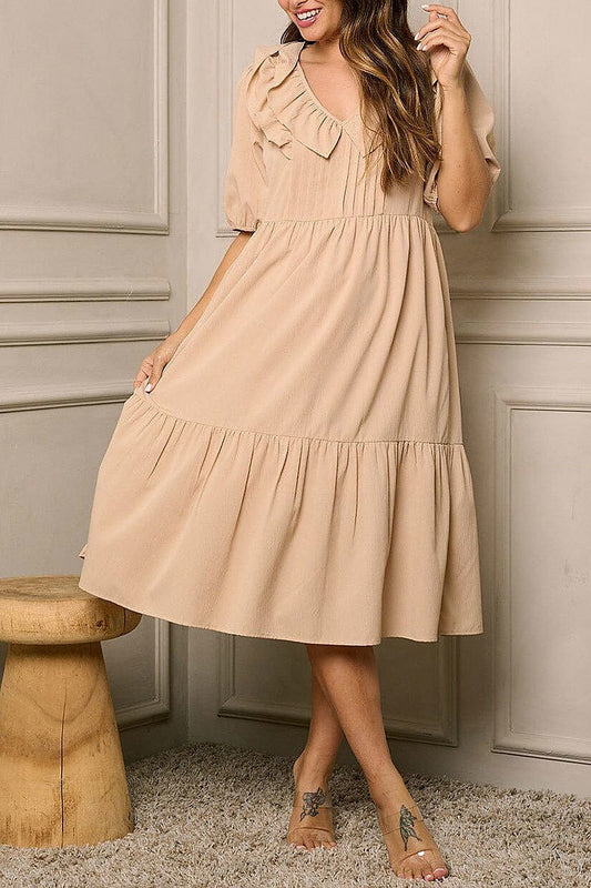 Short sleeve v-neck tiered midi dress (EFWT6405)