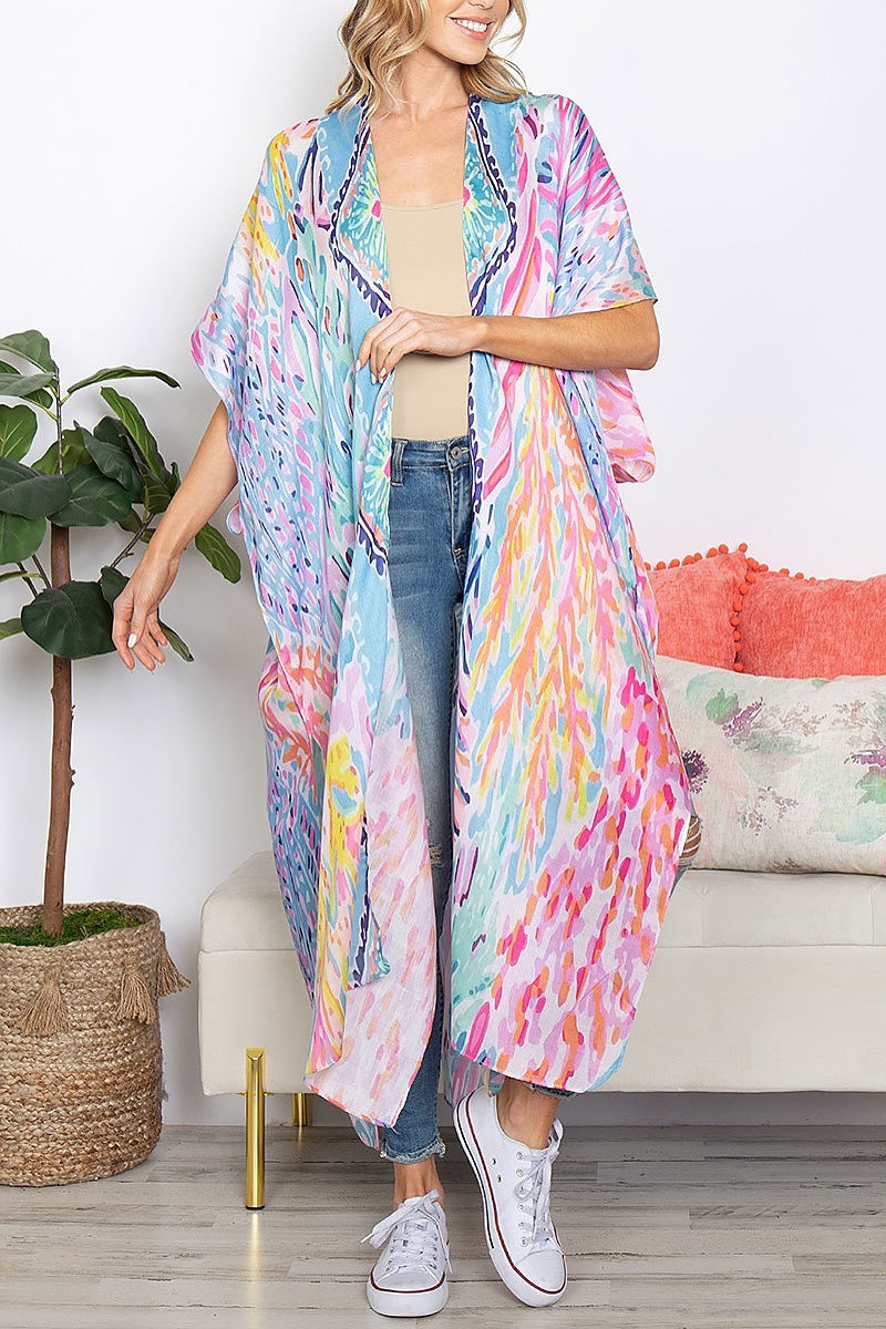 Boho tropical print summer long kimono (EF5327)