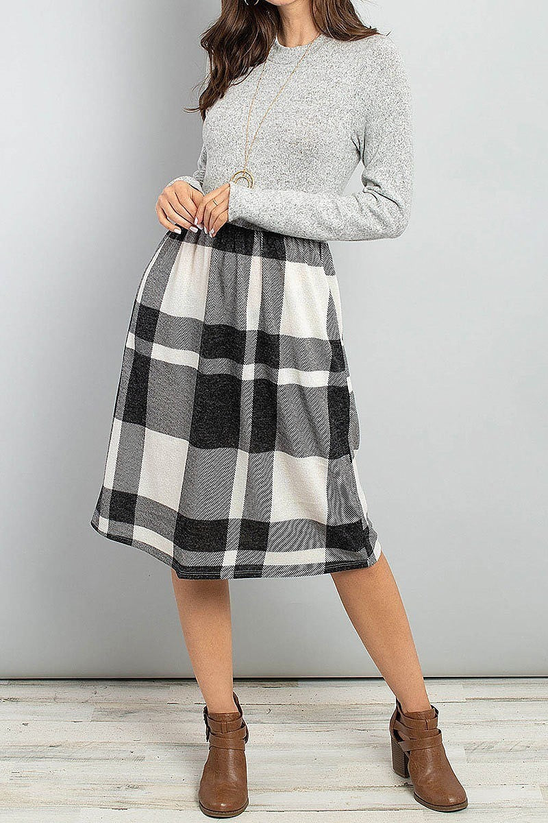 Two toned high neck long sleeves plaid contrast dress (DED5776)