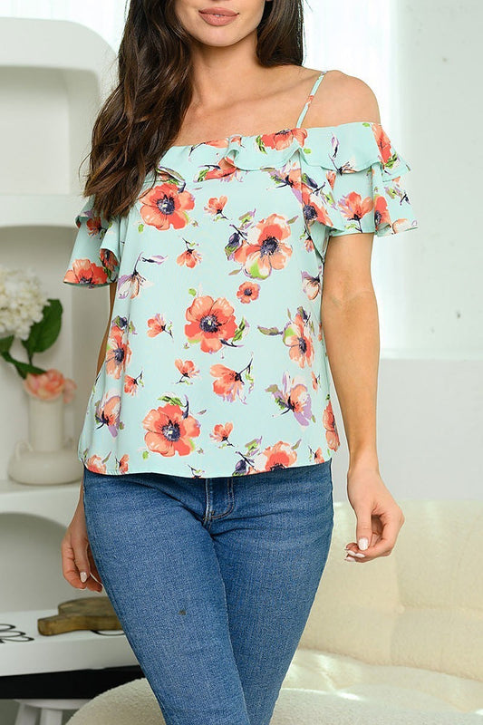 Cold shoulder ruffle floral top (EDWT6071)