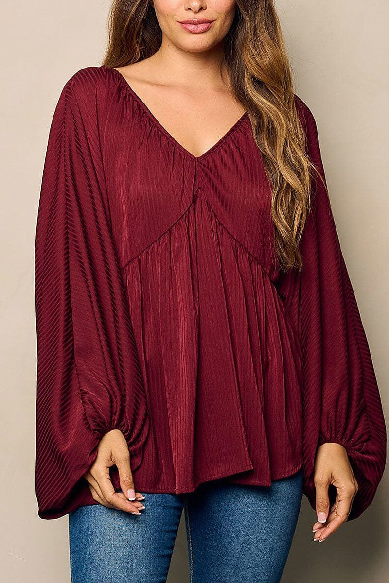 Long ballon sleeve v-neck tunic blouse top (EFWT4811)