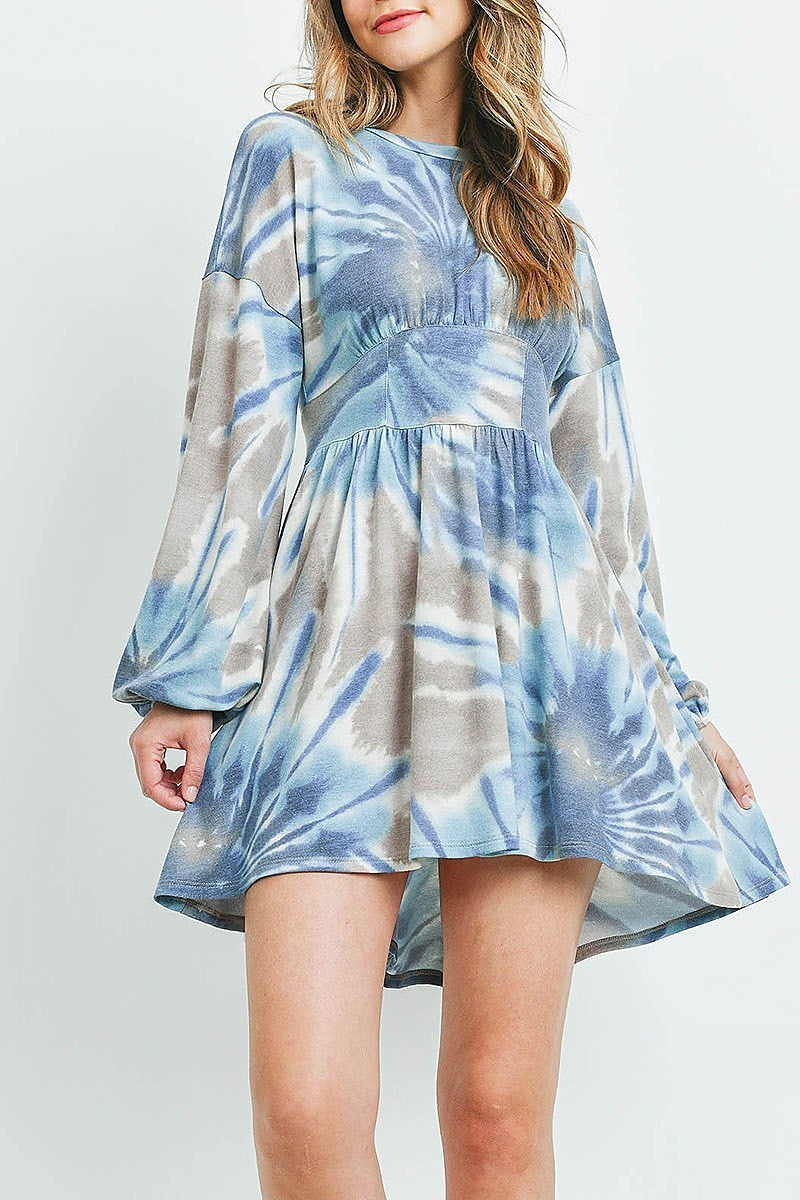 Wide waist tie band bubble sleeve tie dye dress (DED6192)