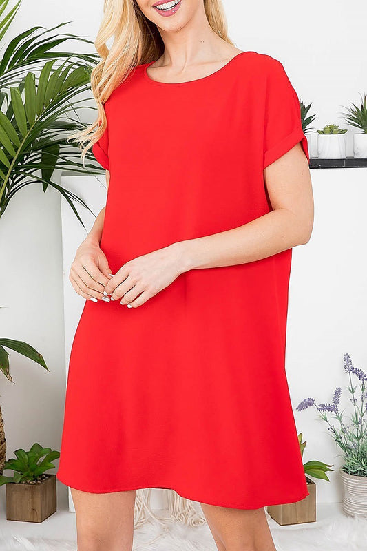 Round neck roll up sleeve flare dress (DED7210)