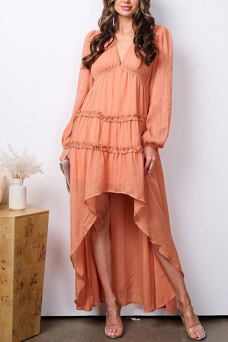 Long sleeve v-neck tiered high-low maxi dress (EFWT7598)