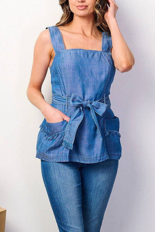 Sleeveless square neck pockets self tie denim top (EFWT8936)